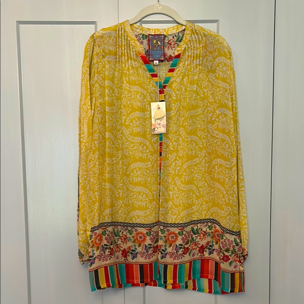Johnny Was Yellow Floral Top/ Tunic with Multicolor Trim
